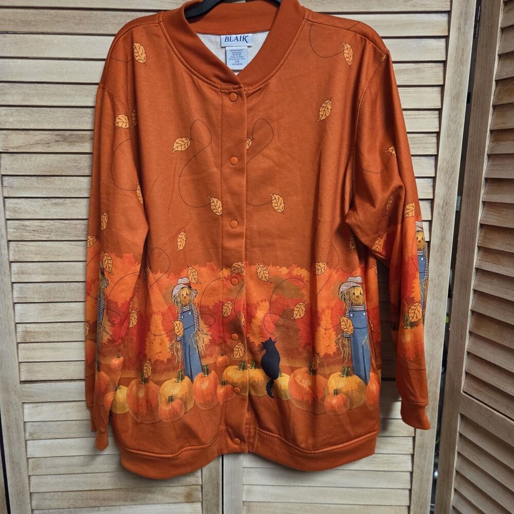 Vintage Women’s Blair Large Sweatshirt Cardigan Orange Fall Black Cat Scarecrow